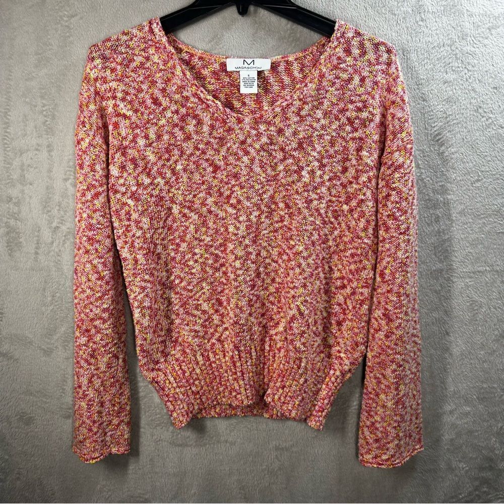 Magaschoni Sweater Pullover V-Neck Sweater Slight Bell Sleeve Pink Orange Sz‎ S